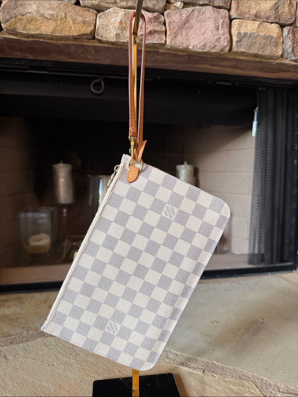 Louis Vuitton Checkerboard Wristlet In Light Gray And Cream With Tan Strap